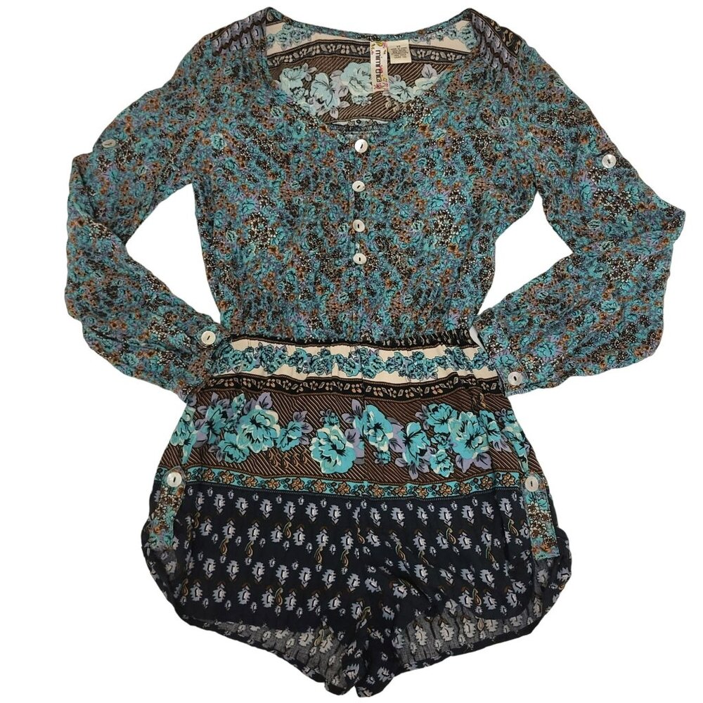 Mimi Chica Boho Long Sleeve Shorts Romper Button Up Floral Women's XS